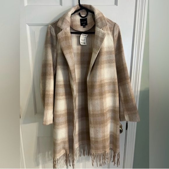 Love Tree Beige & Cream Plaid Long Coat with Fringe Hem | Size M | NWT - Picture 1 of 13